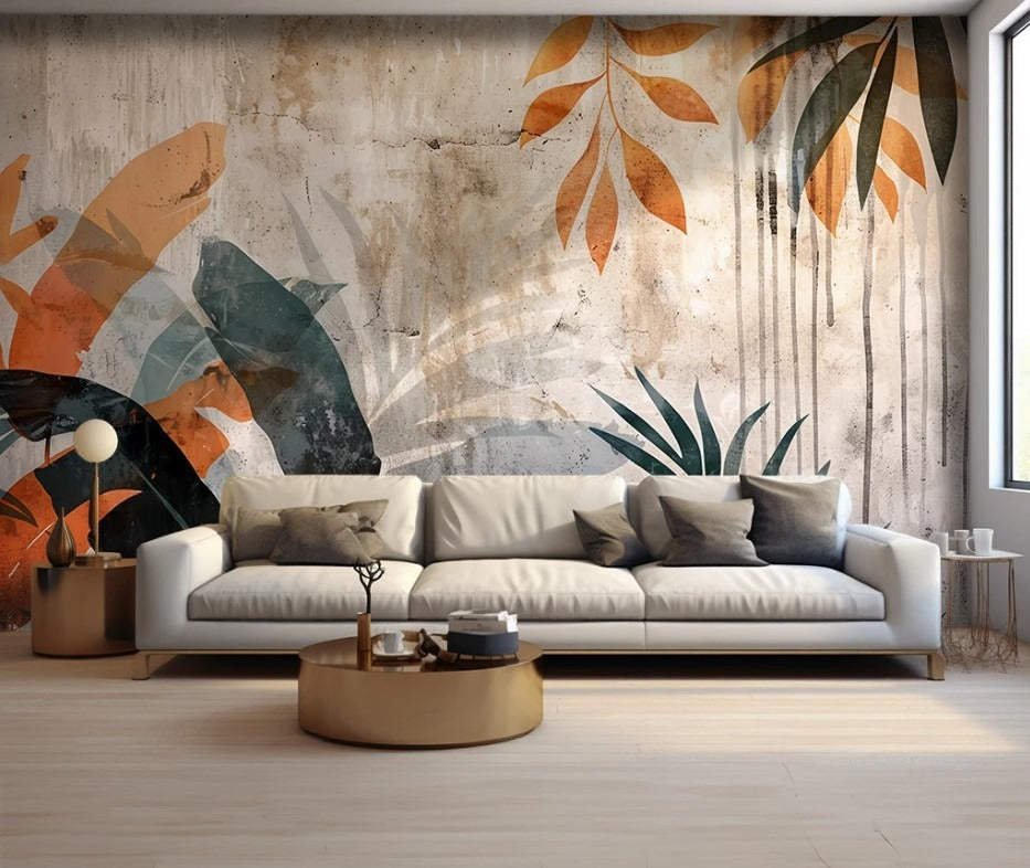 Bunte Fototapete mit Blättern, temporäre Fototapete mit botanischen Motiven „Blättertraum“
