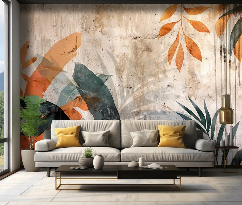 Bunte Fototapete mit Blättern, temporäre Fototapete mit botanischen Motiven „Blättertraum“