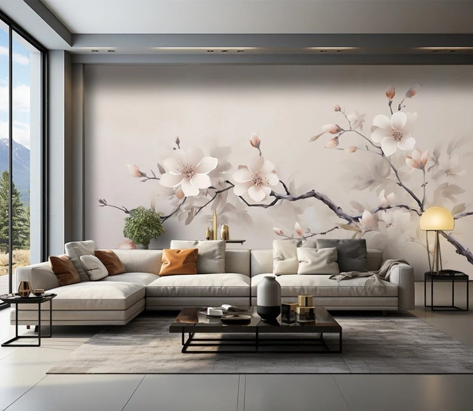Blumige Fototapete mit Magnolie, Fototapete mit großen 3D-Blumen „Magnolienzauber“