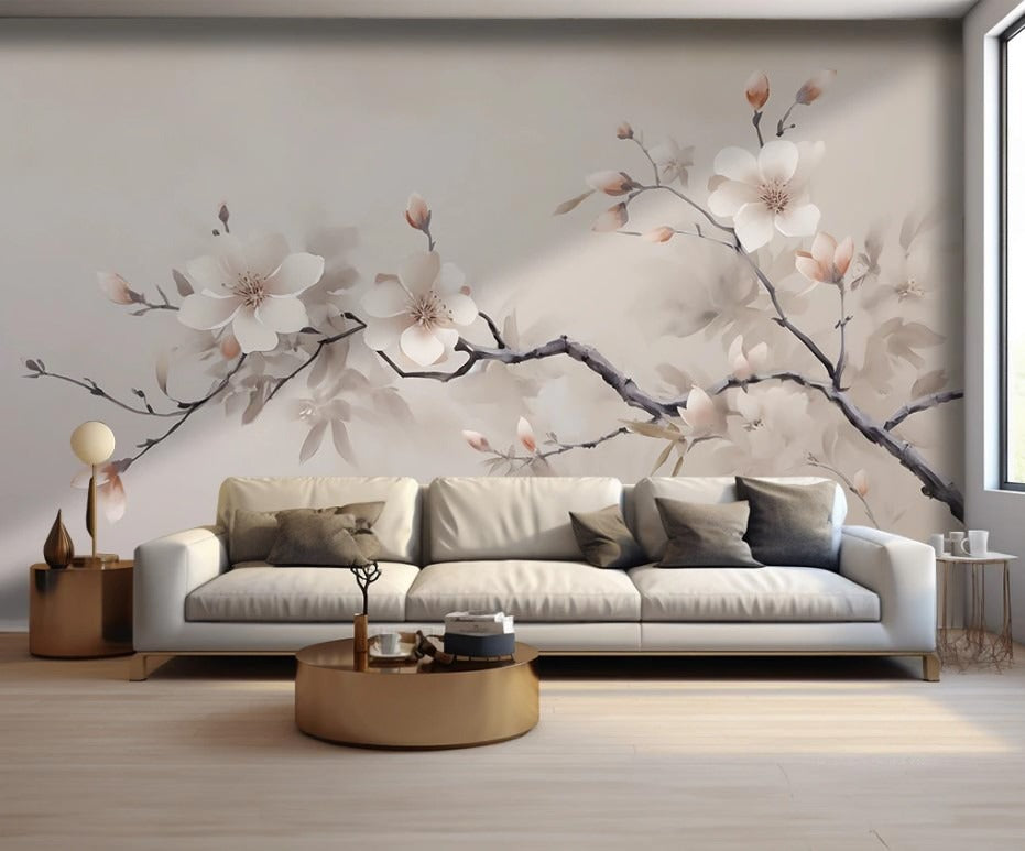 Blumige Fototapete mit Magnolie, Fototapete mit großen 3D-Blumen „Magnolienzauber“