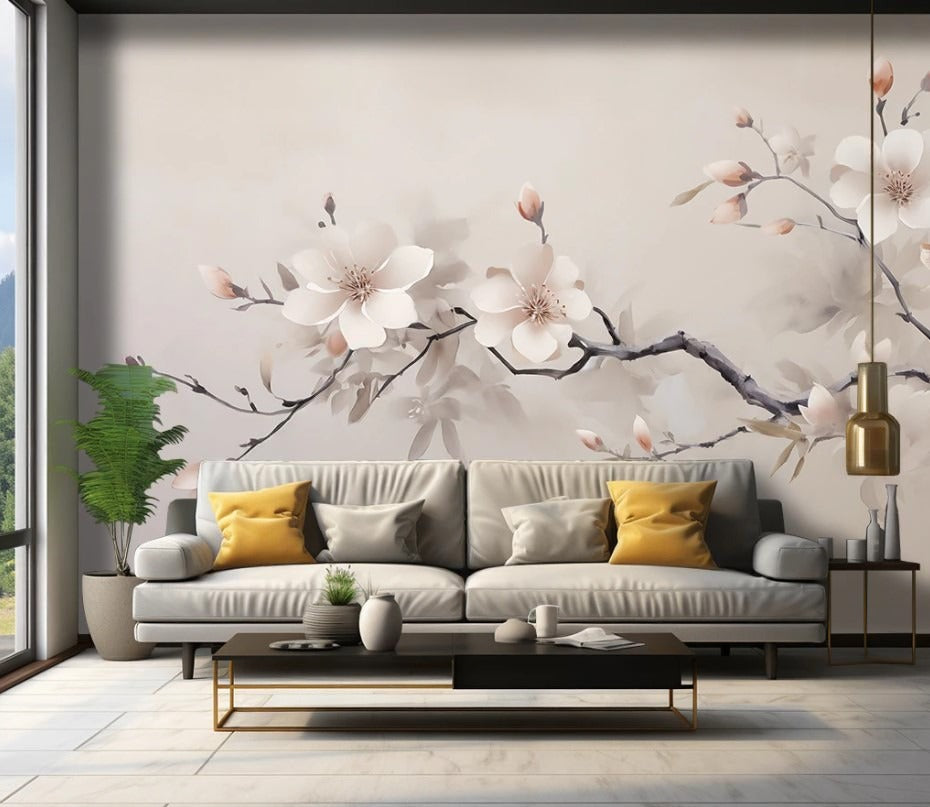 Blumige Fototapete mit Magnolie, Fototapete mit großen 3D-Blumen „Magnolienzauber“
