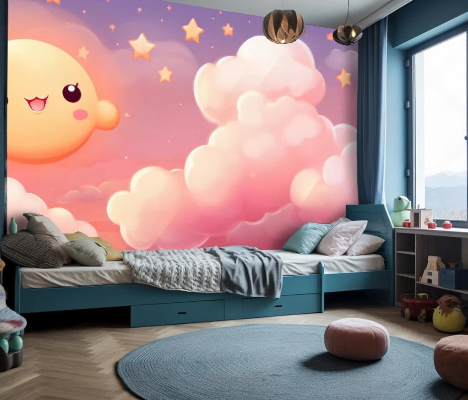 Fototapete für Mädchen in Rosatönen, niedliche Fototapete mit Wolken „Wolkentraum“