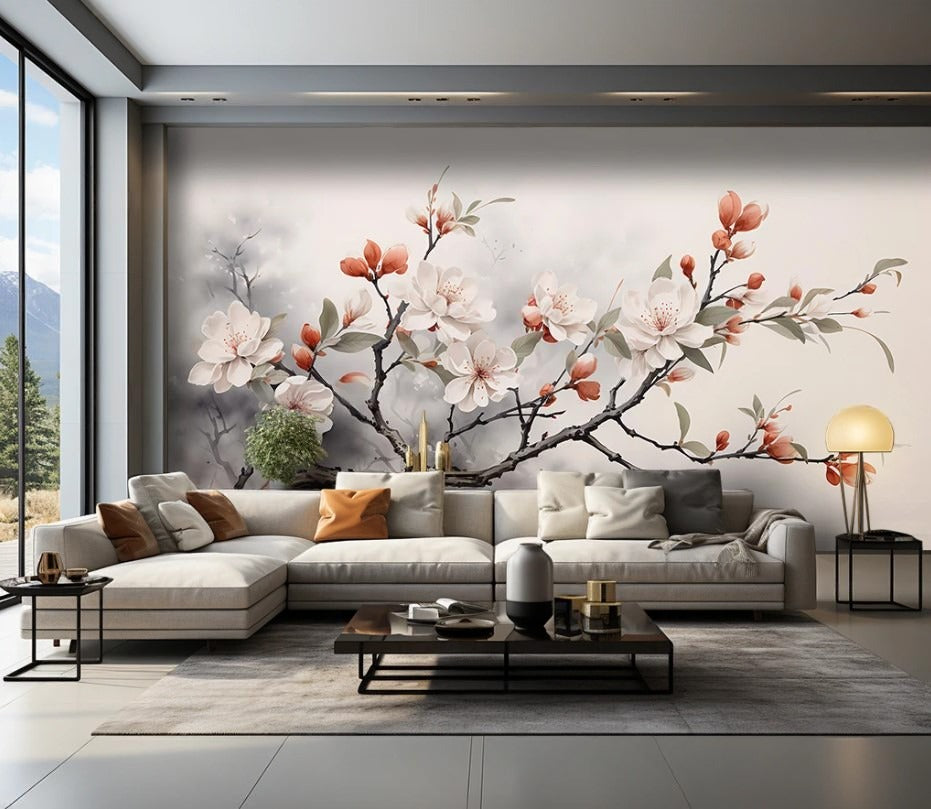 3D-Fototapete mit Blumen, moderne Fototapete mit blühendem Ast „Blütenzweig“