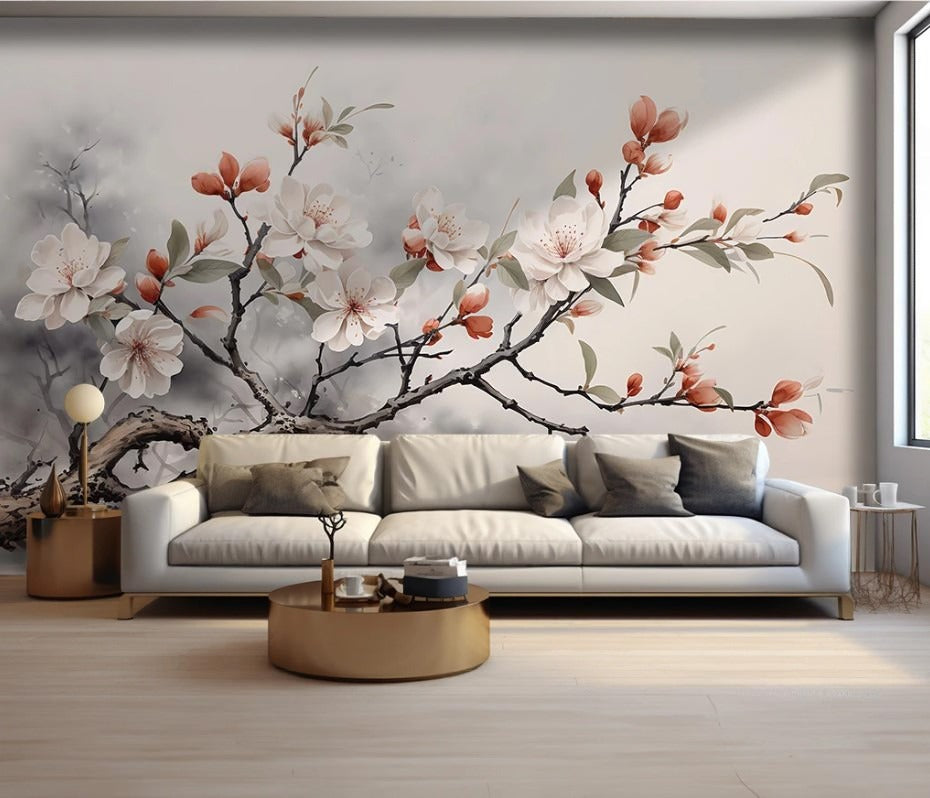 3D-Fototapete mit Blumen, moderne Fototapete mit blühendem Ast „Blütenzweig“