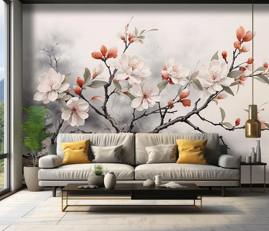 3D-Fototapete mit Blumen, moderne Fototapete mit blühendem Ast „Blütenzweig“