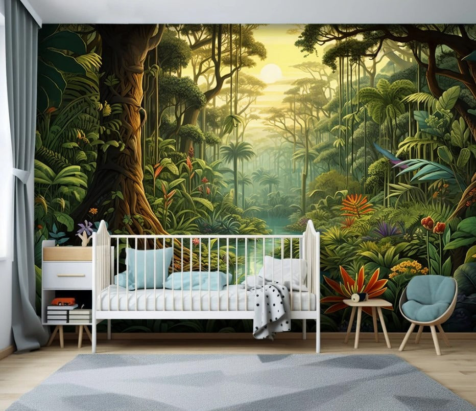 Kinder-Fototapete mit Waldmotiv, leuchtend grüne Fototapete fürs Kinderzimmer „Zauberwald“