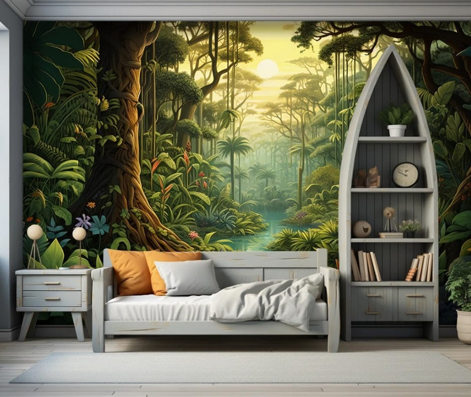 Kinder-Fototapete mit Waldmotiv, leuchtend grüne Fototapete fürs Kinderzimmer „Zauberwald“