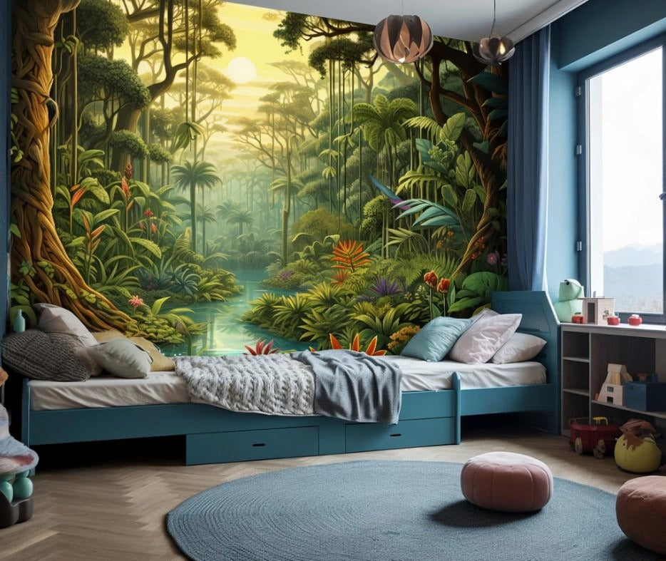 Kinder-Fototapete mit Waldmotiv, leuchtend grüne Fototapete fürs Kinderzimmer „Zauberwald“
