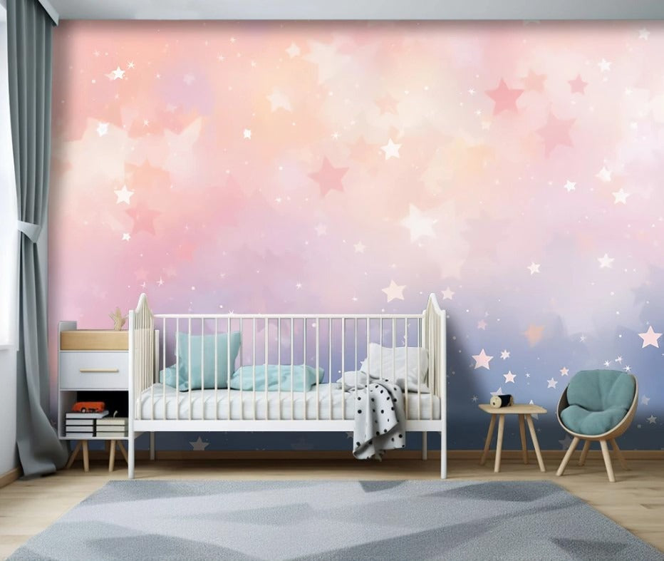 Zarte rosa Fototapete fürs Mädchenzimmer, Fototapete mit Sternen „Sternenzauber“