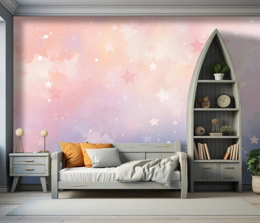 Zarte rosa Fototapete fürs Mädchenzimmer, Fototapete mit Sternen „Sternenzauber“