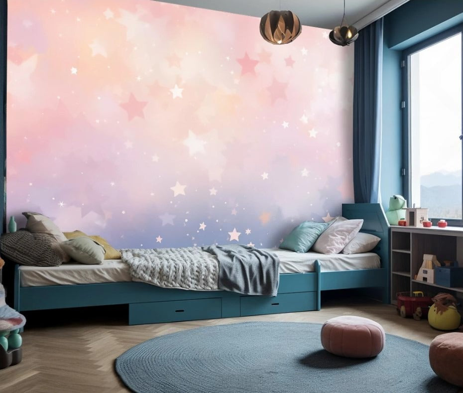 Zarte rosa Fototapete fürs Mädchenzimmer, Fototapete mit Sternen „Sternenzauber“
