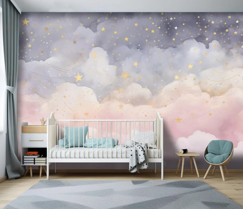 Kinder-Fototapete mit Wolken, Fototapete in Rosa und Blau fürs Kinderzimmer „Wolkenhimmel“