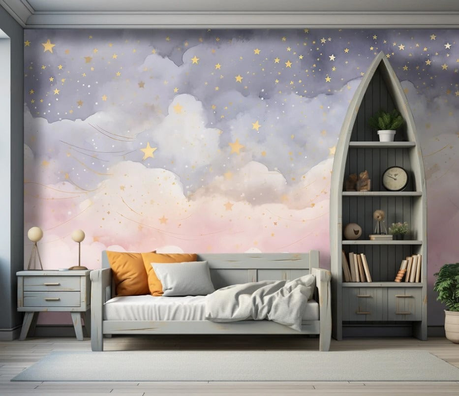 Kinder-Fototapete mit Wolken, Fototapete in Rosa und Blau fürs Kinderzimmer „Wolkenhimmel“