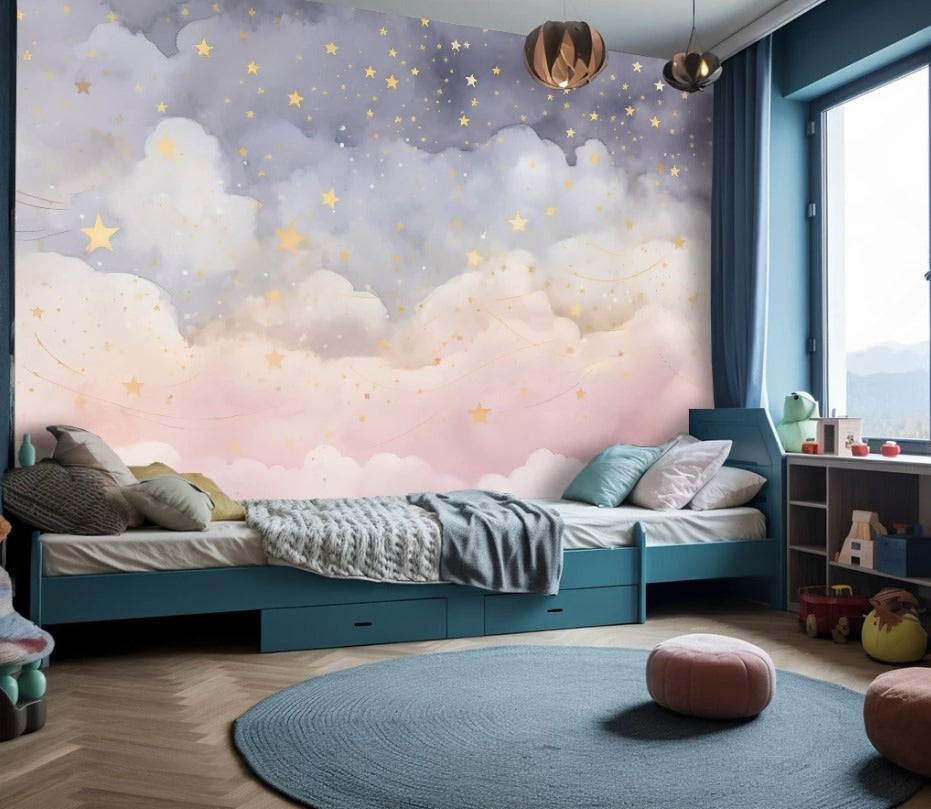 Kinder-Fototapete mit Wolken, Fototapete in Rosa und Blau fürs Kinderzimmer „Wolkenhimmel“