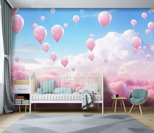 Fototapete in Rosatönen fürs Kinderzimmer, niedliche Fototapete mit Wolken und Luftballons „Himmelstraum“