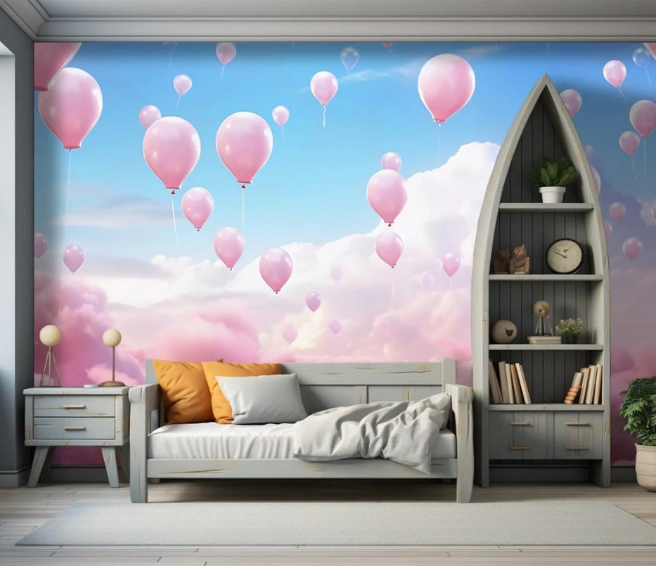 Fototapete in Rosatönen fürs Kinderzimmer, niedliche Fototapete mit Wolken und Luftballons „Himmelstraum“