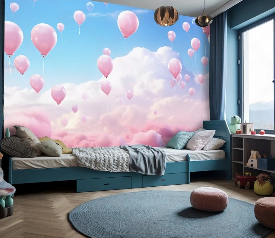 Fototapete in Rosatönen fürs Kinderzimmer, niedliche Fototapete mit Wolken und Luftballons „Himmelstraum“
