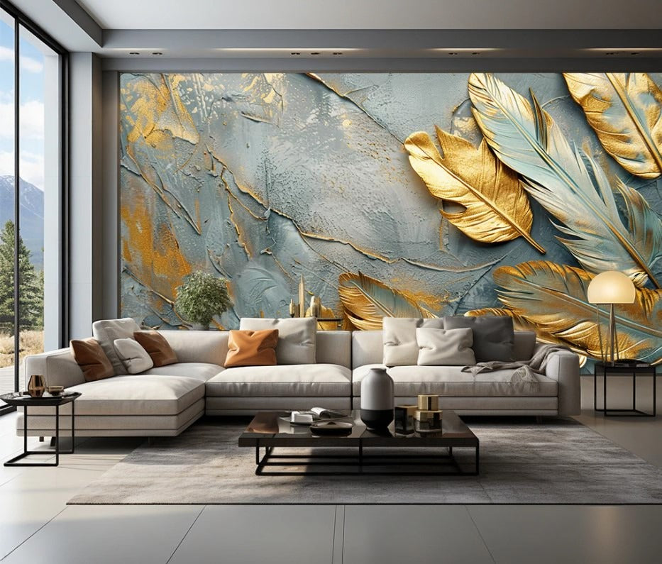 3D-Fototapete mit Federn, Akzent-Fototapete mit Gold „Goldene Feder“