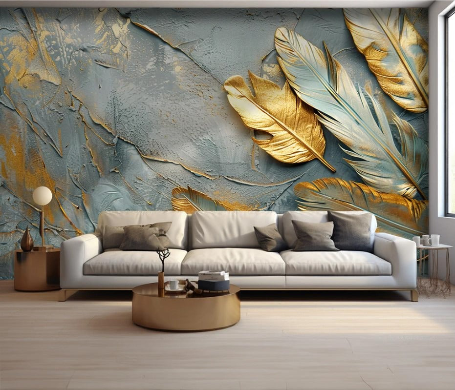3D-Fototapete mit Federn, Akzent-Fototapete mit Gold „Goldene Feder“
