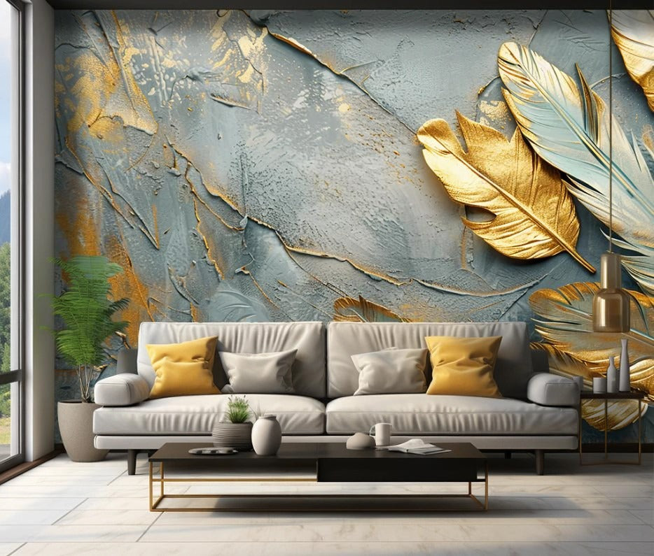 3D-Fototapete mit Federn, Akzent-Fototapete mit Gold „Goldene Feder“