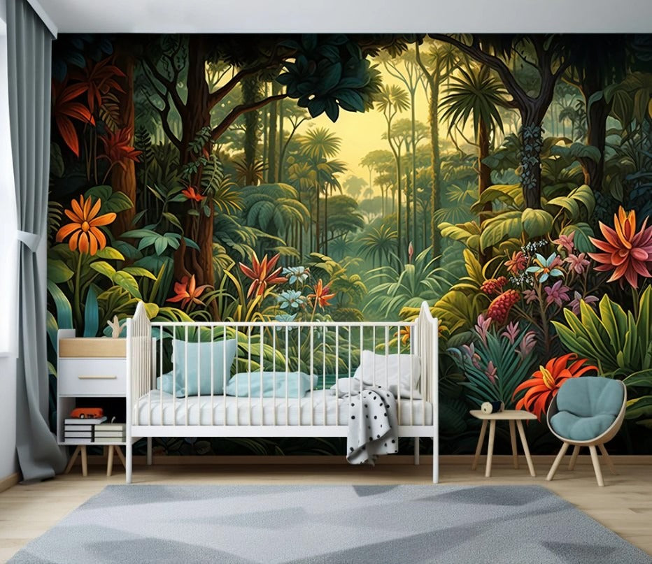 Märchenhafte Fototapete mit Wald, bunte Kinderwandtapete „Waldzauber“