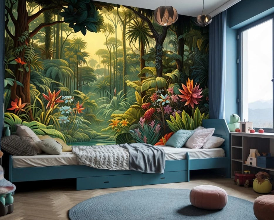 Märchenhafte Fototapete mit Wald, bunte Kinderwandtapete „Waldzauber“