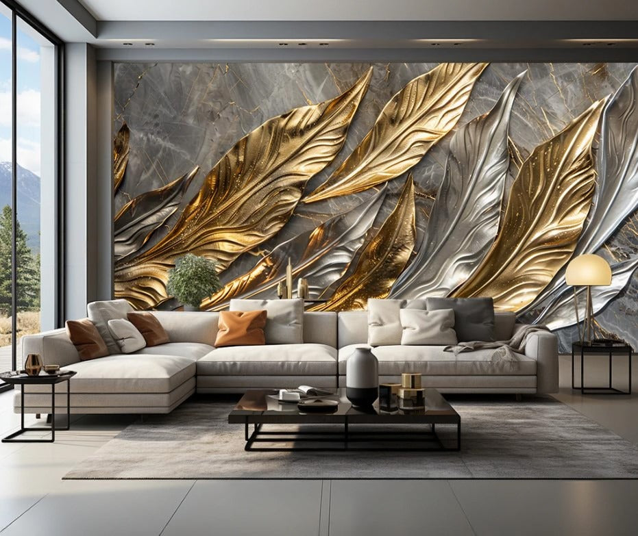 3D-Fototapete mit goldenen Federn, temporäre stylische Fototapete „Goldene Federn“