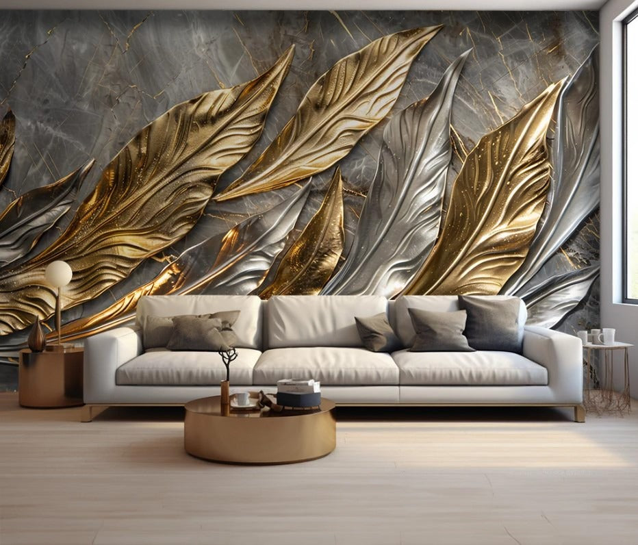 3D-Fototapete mit goldenen Federn, temporäre stylische Fototapete „Goldene Federn“