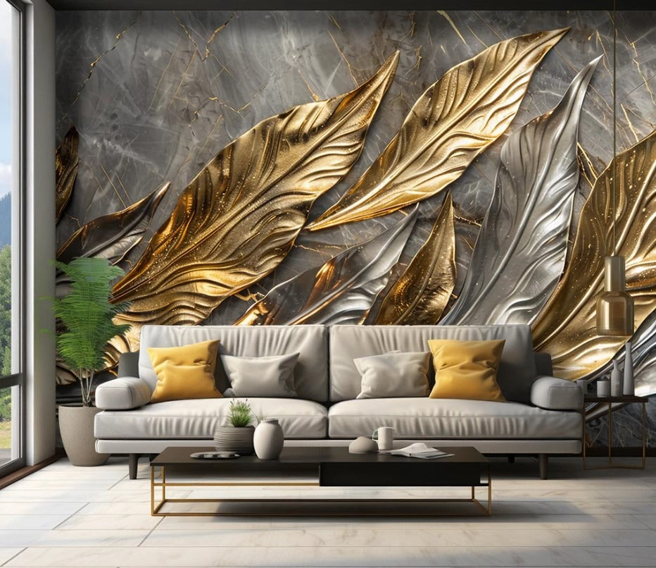 3D-Fototapete mit goldenen Federn, temporäre stylische Fototapete „Goldene Federn“