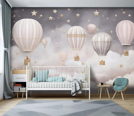 Fototapete in Pastelltönen für Kinderzimmer, Fototapete mit Luftballons „Himmelszauber“