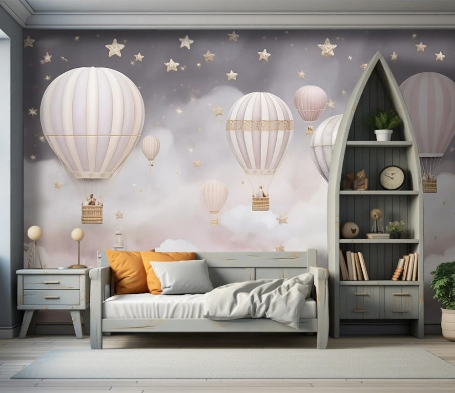 Fototapete in Pastelltönen für Kinderzimmer, Fototapete mit Luftballons „Himmelszauber“
