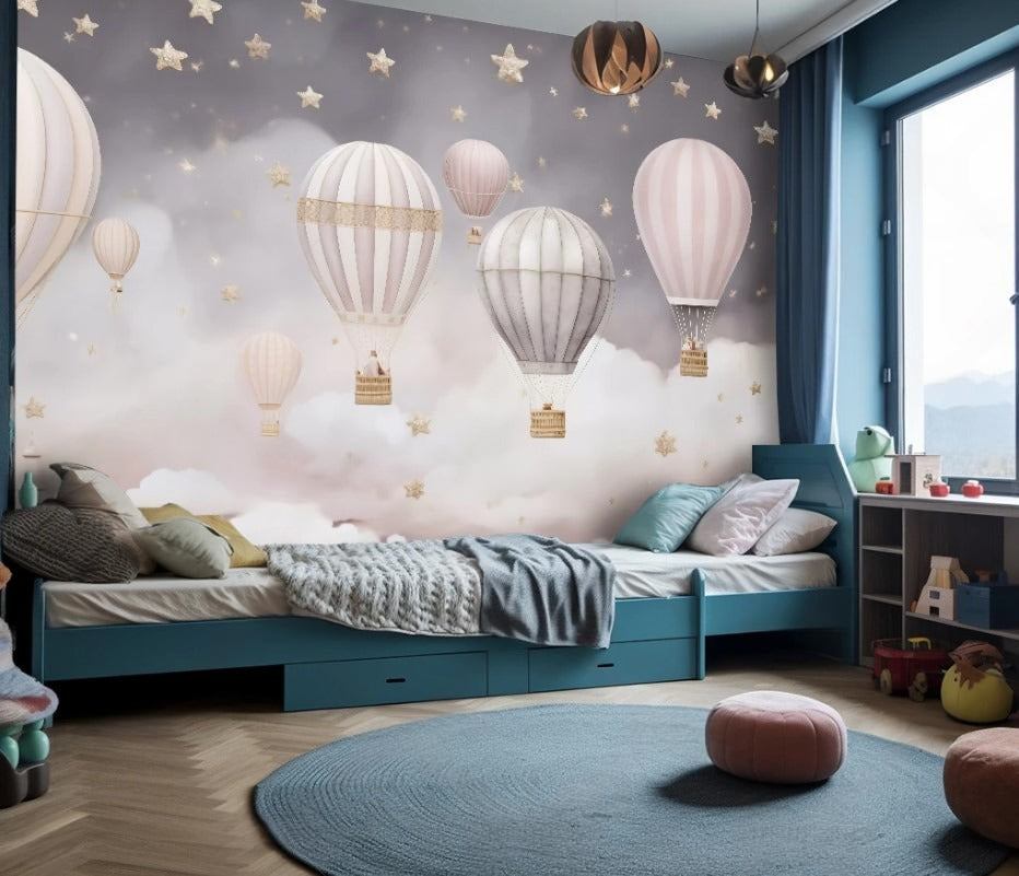 Fototapete in Pastelltönen für Kinderzimmer, Fototapete mit Luftballons „Himmelszauber“