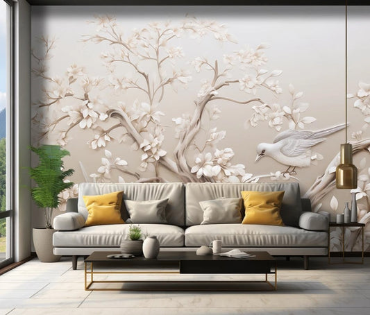 Helle 3D-Fototapete mit blühendem Baum und Vogel „Blütenzauber“