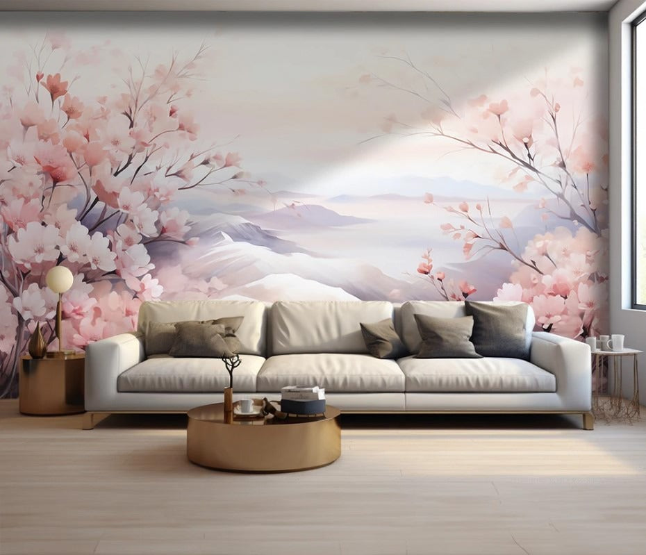 Fototapete in zarten Tönen, temporäre orientalische Fototapete mit Blumen „Blüten des Orients“