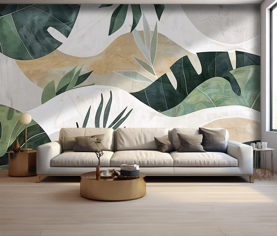 Fototapete in Grüntönen, moderne Fototapete mit abstrakten Blättern „Blatt Harmonie“