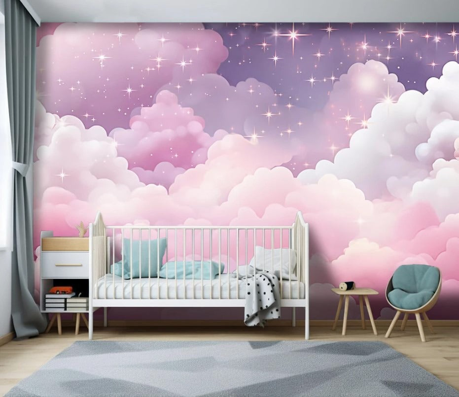 Zarte Fototapete in Rosatönen für ein Mädchenzimmer, umweltfreundliche Fototapete fürs Kinderzimmer „Wolken“
