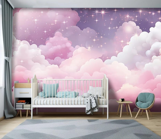 Zarte Fototapete in Rosatönen für ein Mädchenzimmer, umweltfreundliche Fototapete fürs Kinderzimmer „Wolken“