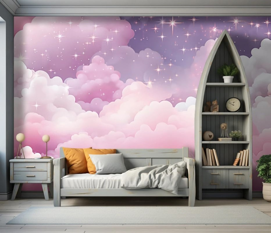 Zarte Fototapete in Rosatönen für ein Mädchenzimmer, umweltfreundliche Fototapete fürs Kinderzimmer „Wolken“