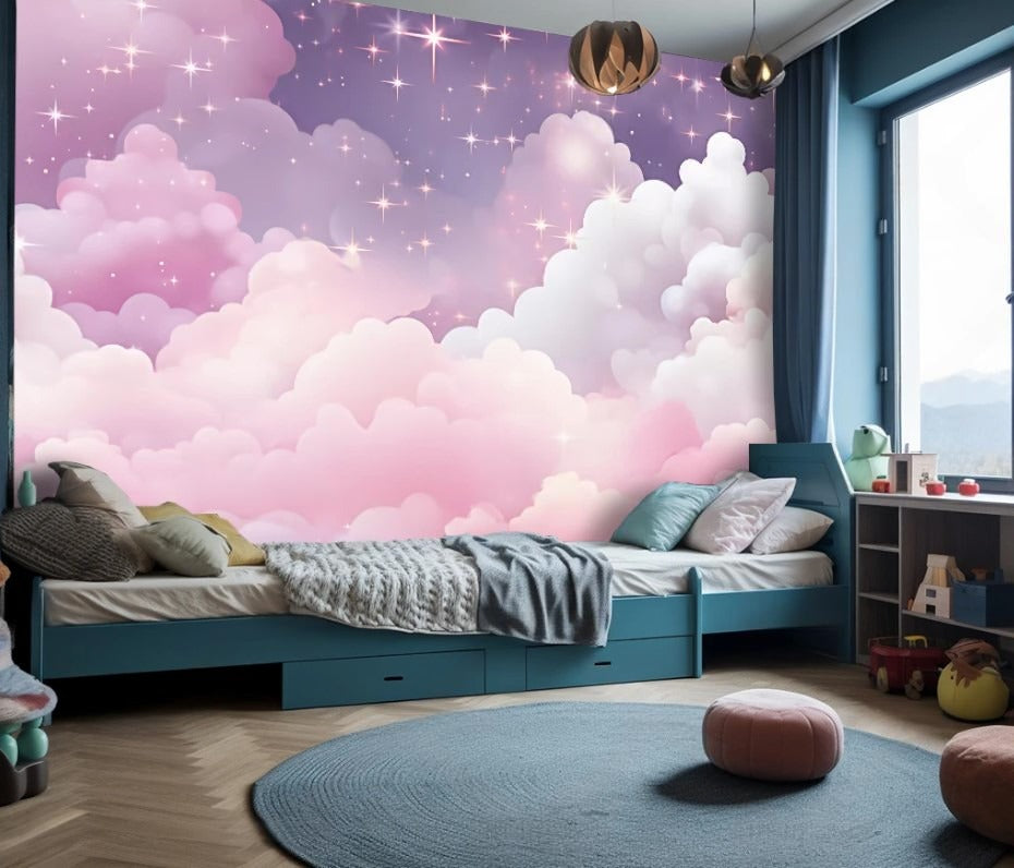Zarte Fototapete in Rosatönen für ein Mädchenzimmer, umweltfreundliche Fototapete fürs Kinderzimmer „Wolken“