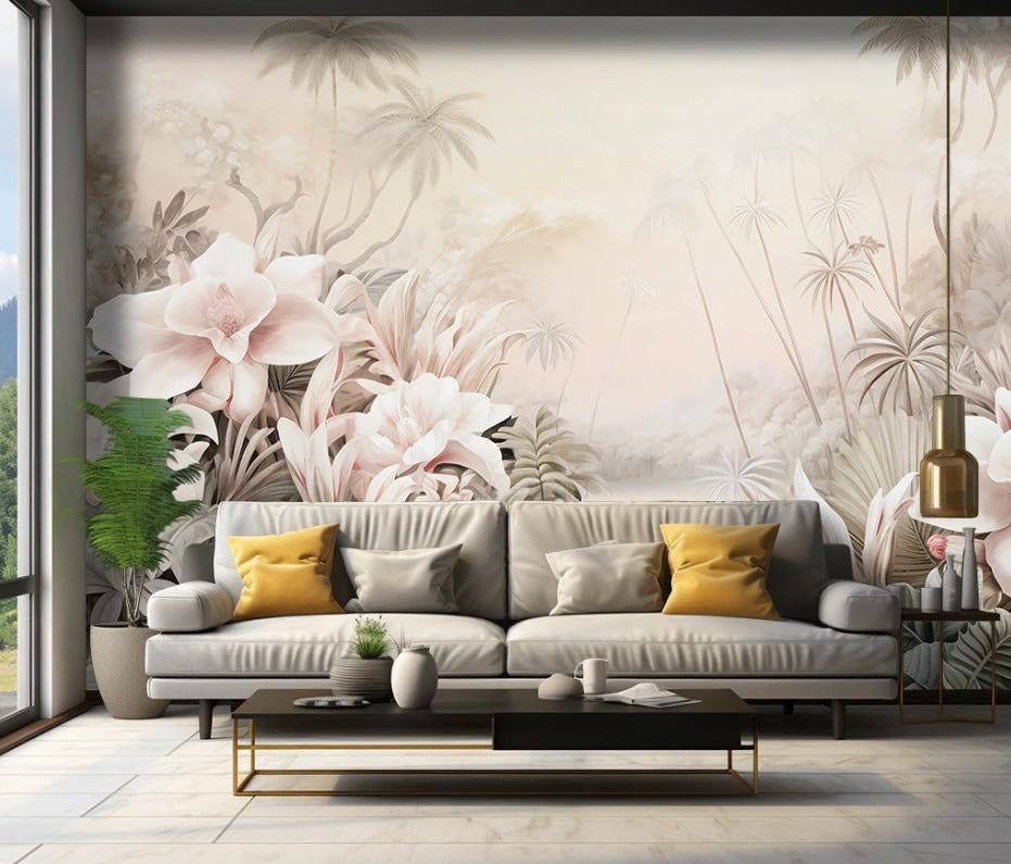 Pastellfarbene Fototapete mit Pflanzen, neutrale Fototapete für Zuhause „Sanfte Botanica“