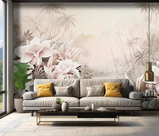 Pastellfarbene Fototapete mit Pflanzen, neutrale Fototapete für Zuhause „Sanfte Botanica“