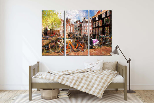 Vintage Wandkunst Gemälde auf Leinwand, Wohndekor, Stadt Multi Panel Wandkunst, Leinwanddruck, trendige Wandkunst, Stadt Straßenkunst Fahrrad Wandkunst