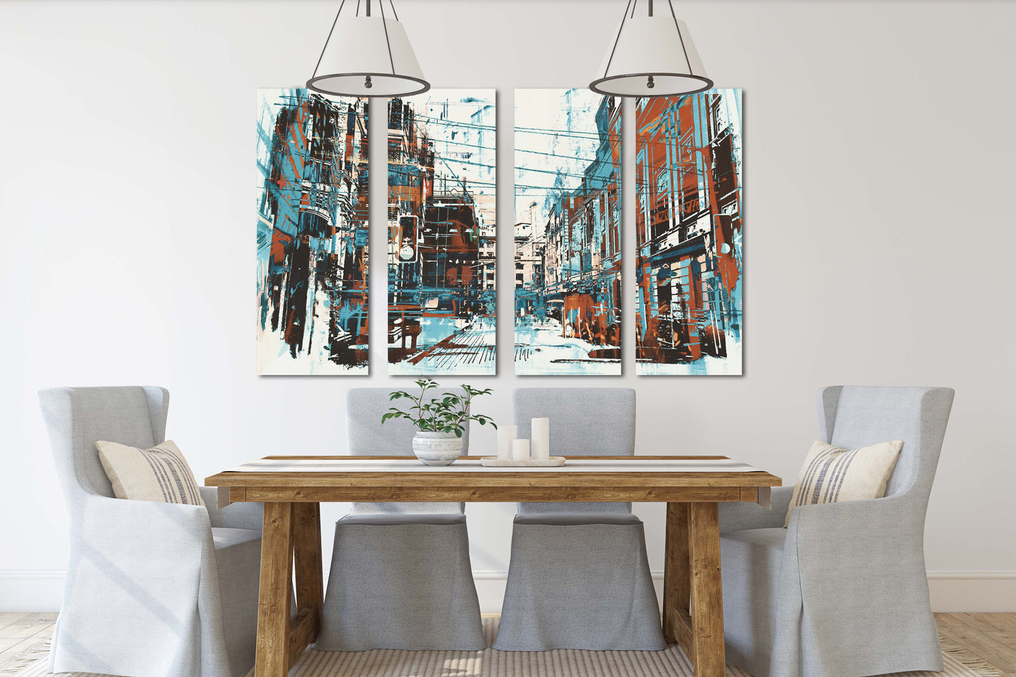Abstrakte Leinwand, Wandkunstgemälde auf Leinwand, Wohndekor, Stadt-Mehrteiler-Wandkunst, Leinwanddruck, trendige Wandkunst, Stadt-Straßenkunst