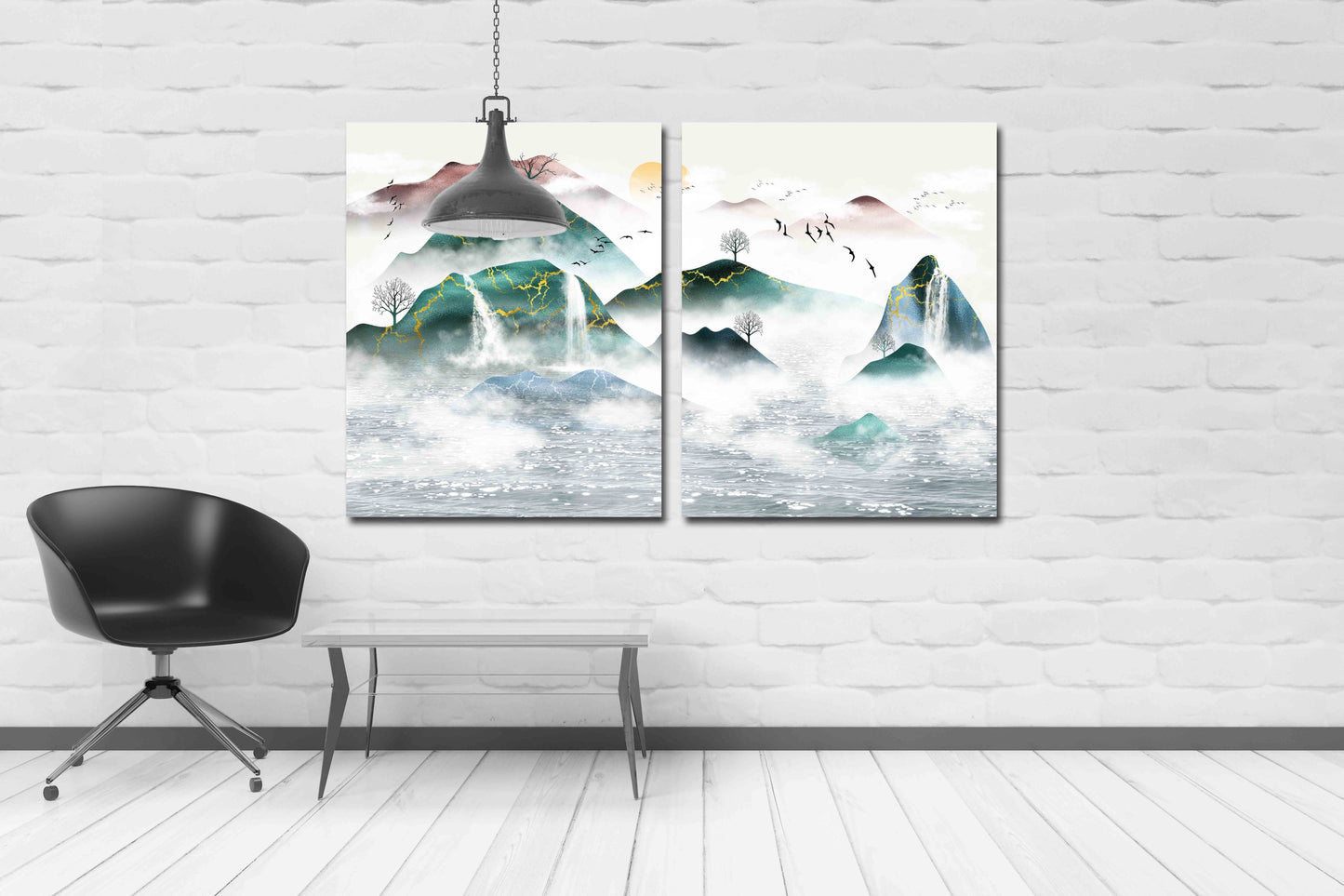 Smaragdgrüne Wanddekoration Gerahmte Wandkunst Berge Leinwandgemälde Berg Wandtattoa Drucke Moderne Abstrakte Leinwandmalerei