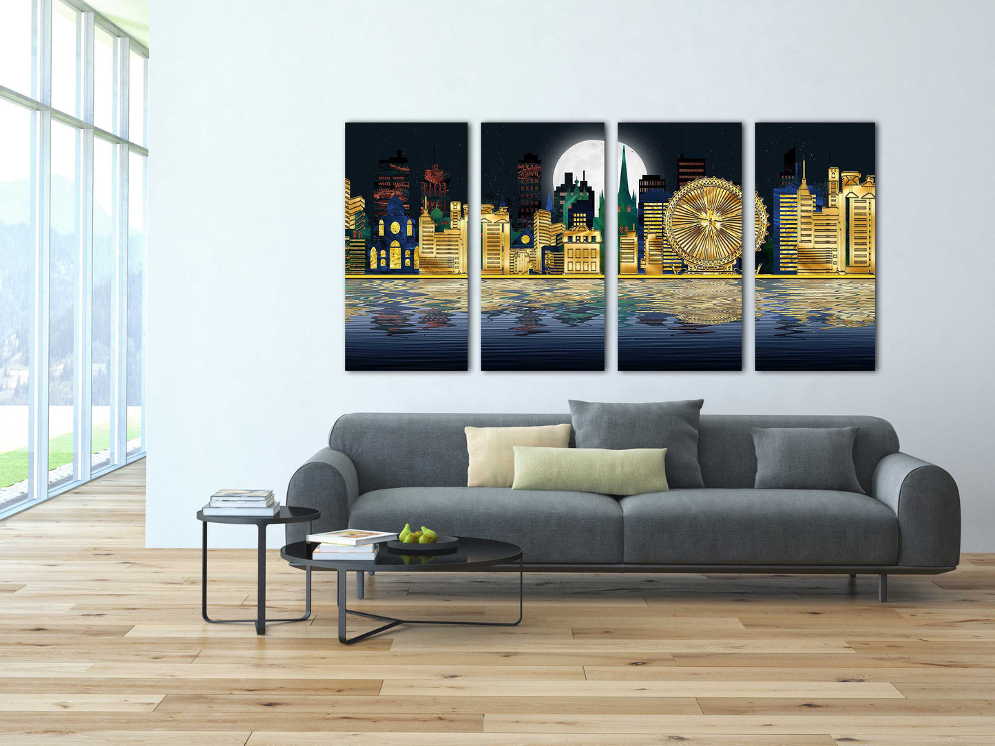 Stadt bei Nacht-Dekor, Leinwandgemälde, extragroße mehrteilige Wandkunst, Bilderrahmen, Wanddekoration für Zuhause, Nachtstadt, Wandcollage-Set