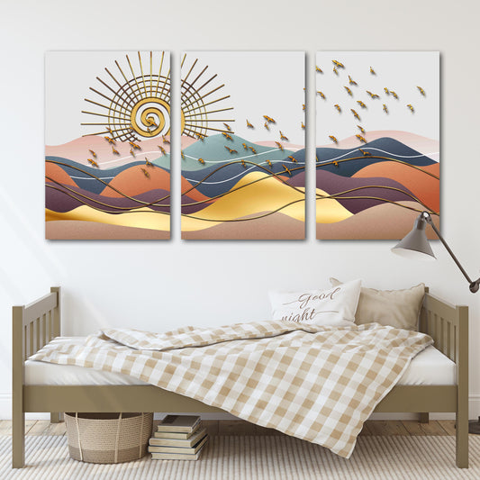 Goldene Sonne Felsen und Berge 3-teiliges Leinwandbild Home Wanddekoration Outdoor Berge Wandkunst Leinwandgemälde