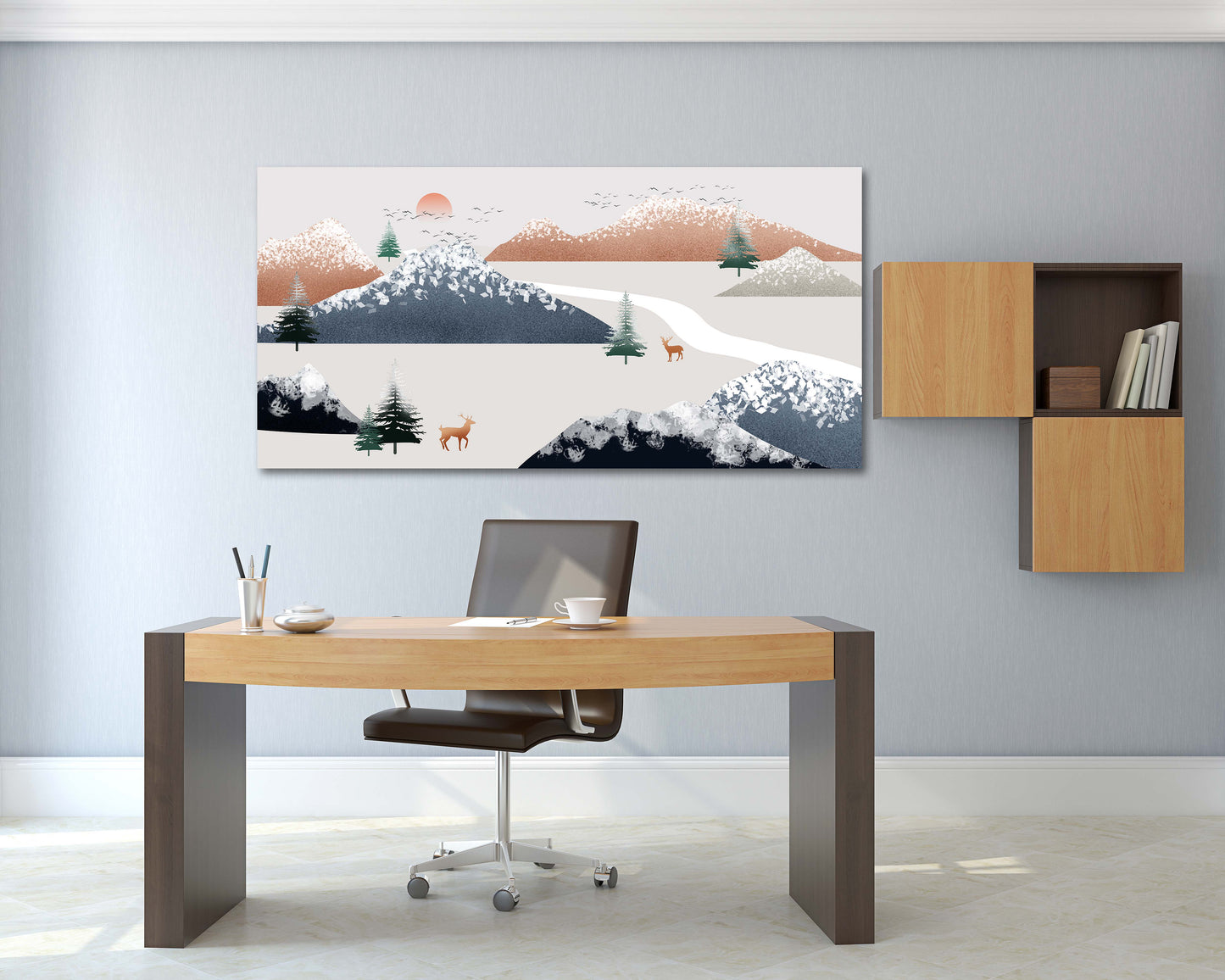 Gerahmte Wandkunst Berge Goldener Hirsch Felsen und Berge Rauchige Berge Wandkunst 3-teilige Leinwand Home Wanddekoration