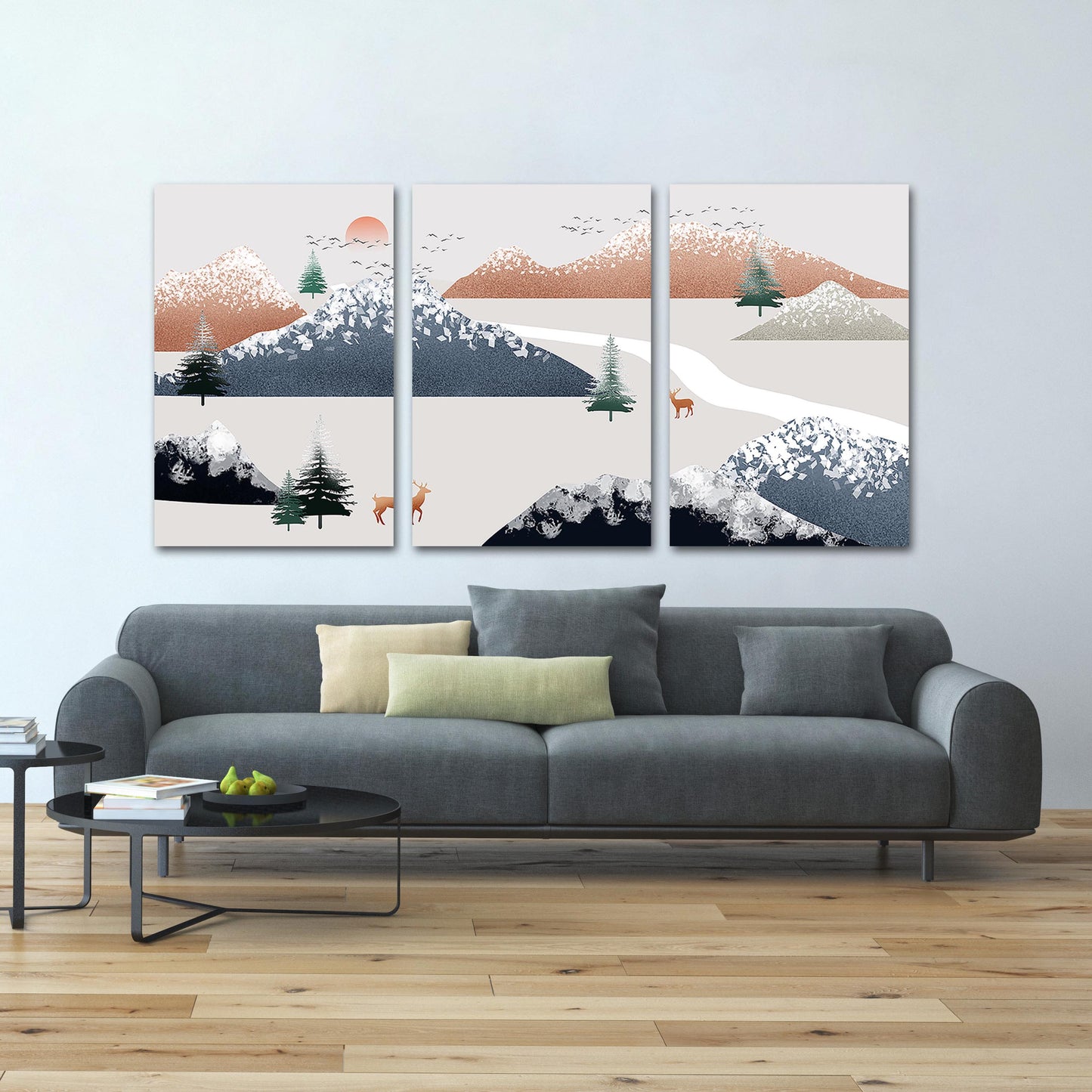 Gerahmte Wandkunst Berge Goldener Hirsch Felsen und Berge Rauchige Berge Wandkunst 3-teilige Leinwand Home Wanddekoration