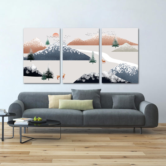 Gerahmte Wandkunst Berge Goldener Hirsch Felsen und Berge Rauchige Berge Wandkunst 3-teilige Leinwand Home Wanddekoration