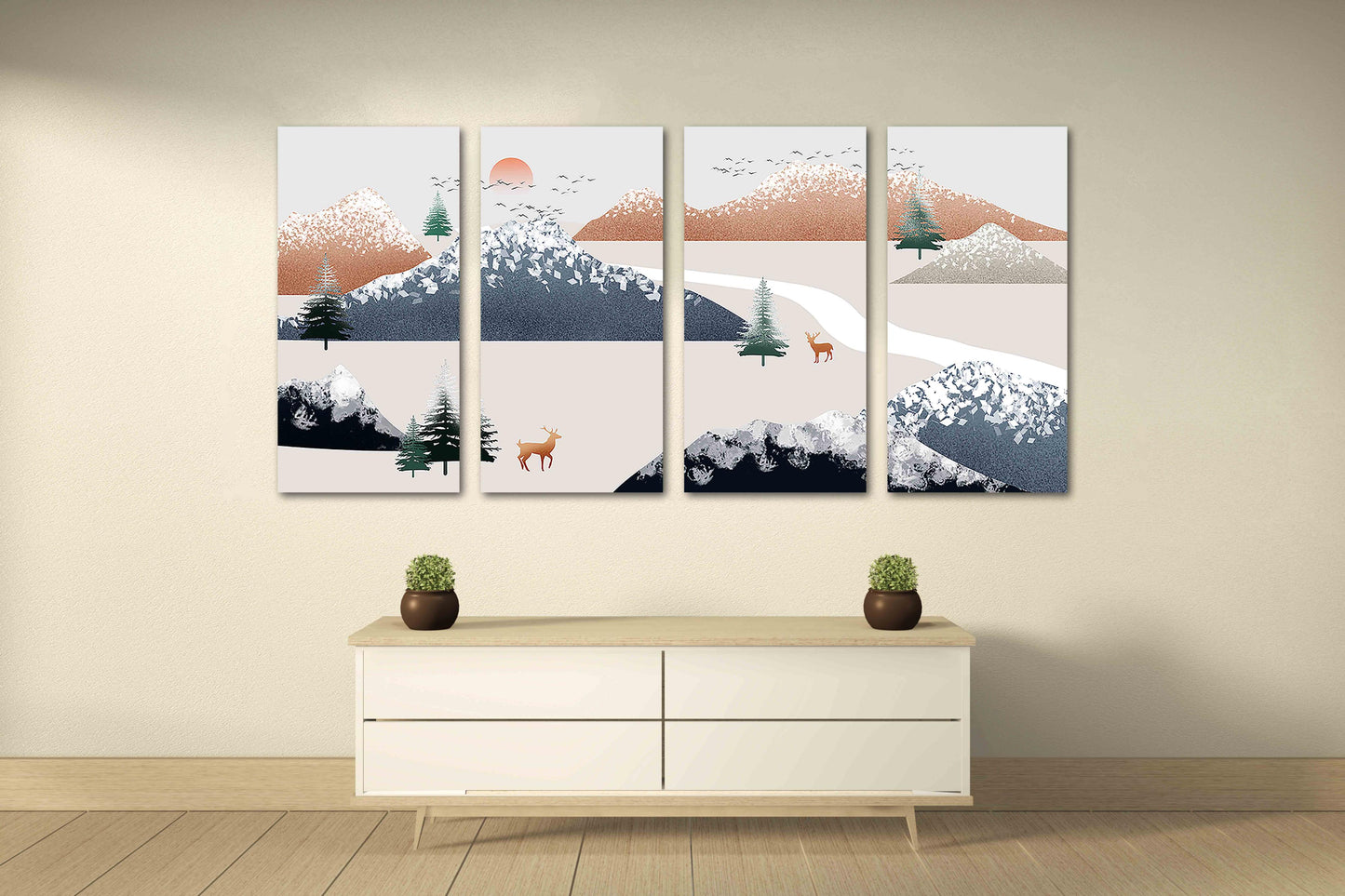 Gerahmte Wandkunst Berge Goldener Hirsch Felsen und Berge Rauchige Berge Wandkunst 3-teilige Leinwand Home Wanddekoration